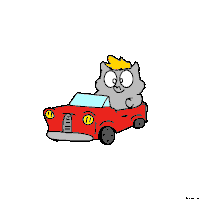 a cartoon of a cat driving a red car with a yellow crown on his head
