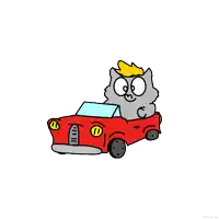a cartoon of a cat driving a red car with a yellow crown on his head