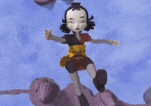 a cartoon girl is flying through the air on a rock .