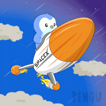 a penguin is riding a spacex rocket in the sky