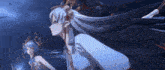 a woman with long white hair is standing next to a man with a sword