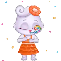 a cartoon rabbit wearing an orange dress and a flower on her head blowing a party horn
