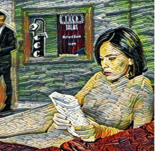 a painting of a woman reading a book in front of a sign that says ' closed talks '