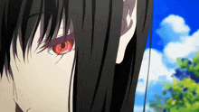 a close up of a girl 's face with red eyes and black hair