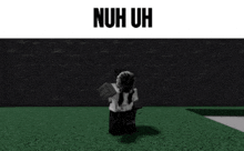 a black and white image of a person in a video game with the words ` ` nuh uh ` ` on the bottom .