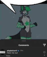 a drawing of a furry character with a speech bubble that says " comments "