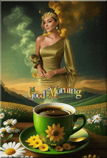 a woman in a green dress is standing next to a cup of coffee with the words good morning written on it