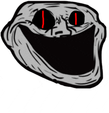 a drawing of a troll face with red eyes and a smiley face
