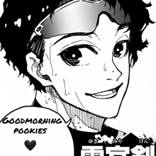 a black and white drawing of a boy with the words goodmorning pookies written below him