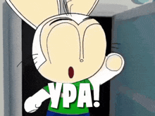 a cartoon rabbit is wearing a green shirt with the word ypa on it