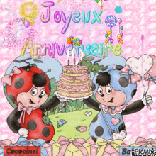 a cartoon ladybug holding a cake with candles and the words joyeux anniversare