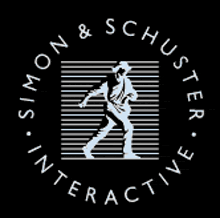 a logo for simon & schuster interactive with a man playing an electric guitar