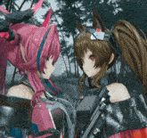 two anime girls are standing next to each other
