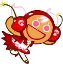 a cherry cookie from a cookie run game is smiling and holding a cherry in his hand .