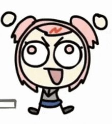 a cartoon girl with pink hair and big eyes is sitting down and making a funny face .