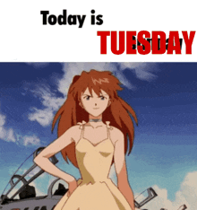 a girl in a yellow dress is standing in front of a blue sky and the words today is tuesday