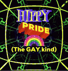 a poster that says hippy pride with a rainbow in the background