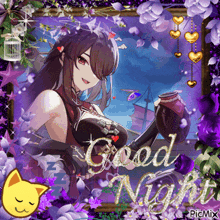 a picture of a girl holding a vase with the words good night on it