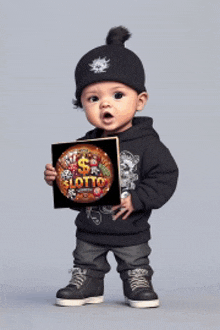 a baby wearing a black hat is holding a sign that says lotto