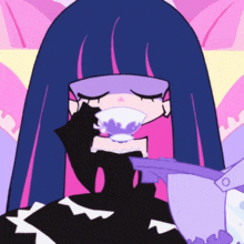a cartoon girl with long purple hair drinking from a cup