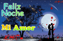 a couple kissing in front of a full moon with feliz noche mi amor