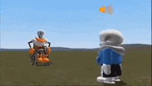 a skeleton is riding a wheelchair in a field next to a bus .