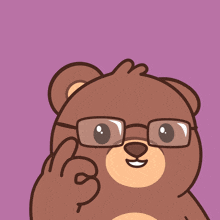 a brown teddy bear wearing glasses is giving the ok sign