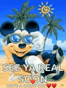a picture of mickey mouse wearing sunglasses on a beach with the words see ya real soon have a great day