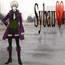 a girl in a purple coat stands in front of a sign that says sybaum