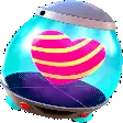 a pink and yellow striped heart is floating in a glass container .