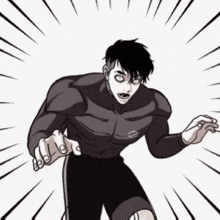 a black and white cartoon of a muscular man with a shocked expression on his face .
