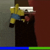 a yellow robot is standing next to a red wall and holding a red object .