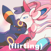 a cartoon of two rabbits with the word flirting on the bottom right