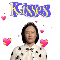 a woman blowing a kiss with hearts around her and the words kisses behind her