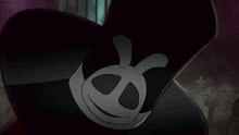 a cartoon character is wearing a black hat with a skull and crossbones on it
