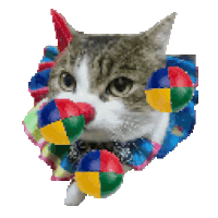 a pixelated image of a cat with colorful balloons around its neck