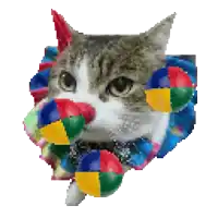 a pixelated image of a cat with colorful balloons around its neck