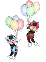 a ladybug is holding a bunch of balloons and another ladybug is holding a bunch of balloons