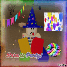 a picture of a cartoon character with the words born to party on it