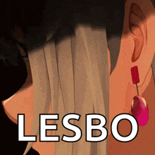 a close up of a person 's ear with the words lesbo written above it