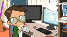 a cartoon of a boy looking at a computer monitor