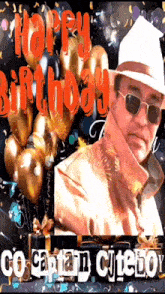 a man wearing a hat and sunglasses is surrounded by balloons and confetti .