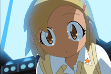 a girl with a star on her collar is looking at the camera