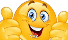 a cartoon smiley face is giving two thumbs up and saying yay .