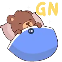 a cartoon of a teddy bear sleeping under a blanket with the word gn above it