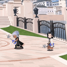 a video game character is holding a key while another character looks on