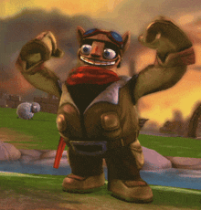 a cartoon character with a scarf around his neck and goggles on his head