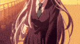 a girl with long white hair and a black suit and tie