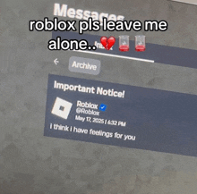 a screenshot of a message from roblox that says important notice