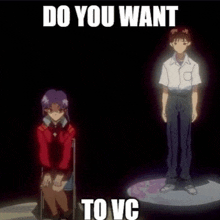a man and a woman are standing next to each other with the words do you want to vc below them .